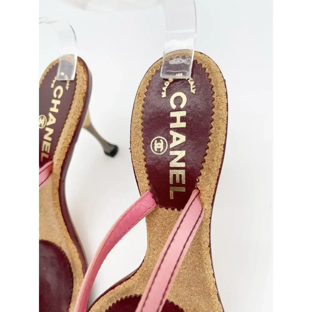 Chanel Vintage Pink Double Strap Satin Bow Cork Sole Slide Sandal Heels EU 37.5